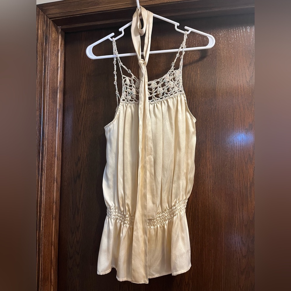 To the Max-tank blouse/tie waist/beige silk beaded rope straps/front. W size 10.